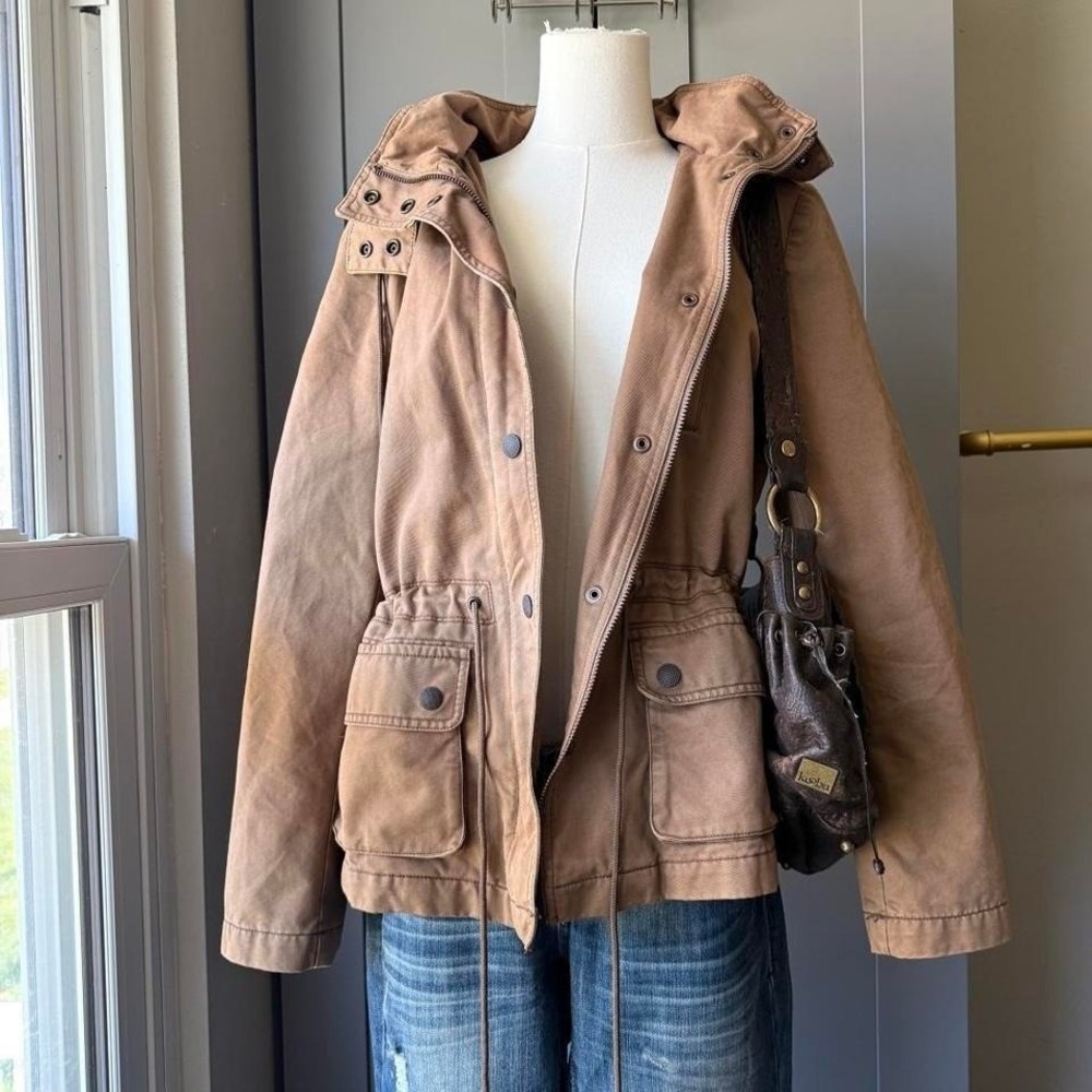 Ann Taylor LOFT Women's Utility Jacket Tan Hooded Drawstring Waist Size M